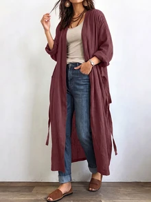 Linhara CURVE 女款長版休閒亞麻外套，適合外出與通勤的休閒外衣 - 中紫紅色 - 查看 3
