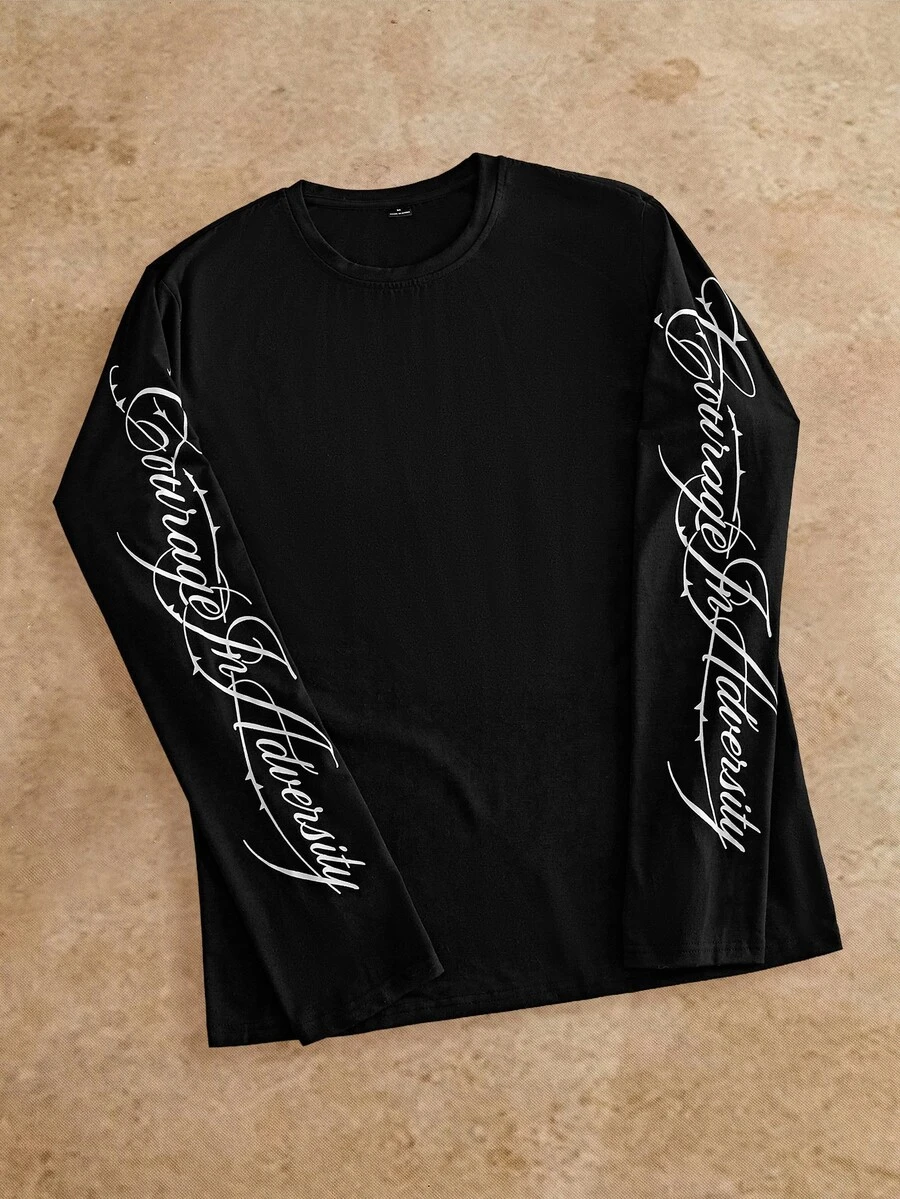 Ocevento Men's Letter Print Crew Neck Long Sleeve Casual T-Shirt - Multicolor - View 1