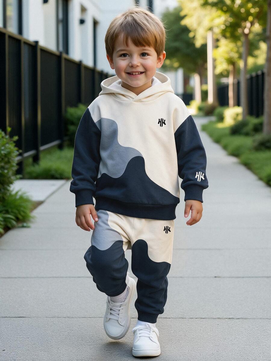 Young Boys Casual Minimalist Loose Fit Long Sleeve Hoodie Sweatshirt 2 Pieces Set, Suitable For Autumn/Winter - Multicolor - View 1