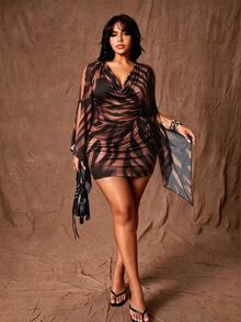 Rustia Gaun Hitam Pendek Model Eropa dengan Kerah Model Cowl, Leher Berlipat Dalam, Lengan Terbelah, Pinggang Berkerut Samping, Gaun Mini Bodycon Pas Badan, Gaun Pesta Hitam Pendek - Kuning - View 3