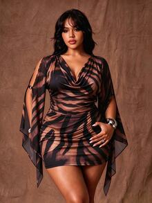 Rustia Gaun Hitam Pendek Model Eropa dengan Kerah Model Cowl, Leher Berlipat Dalam, Lengan Terbelah, Pinggang Berkerut Samping, Gaun Mini Bodycon Pas Badan, Gaun Pesta Hitam Pendek - Kuning - View 1