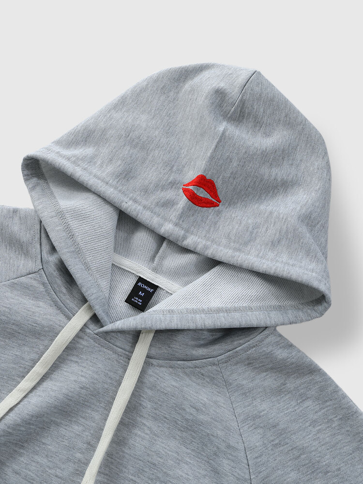 ROMWE MEN Men's Lip Embroidery Long Sleeve Drawstring Hoodie And Sweatpants Casual Set - Grey - View 4