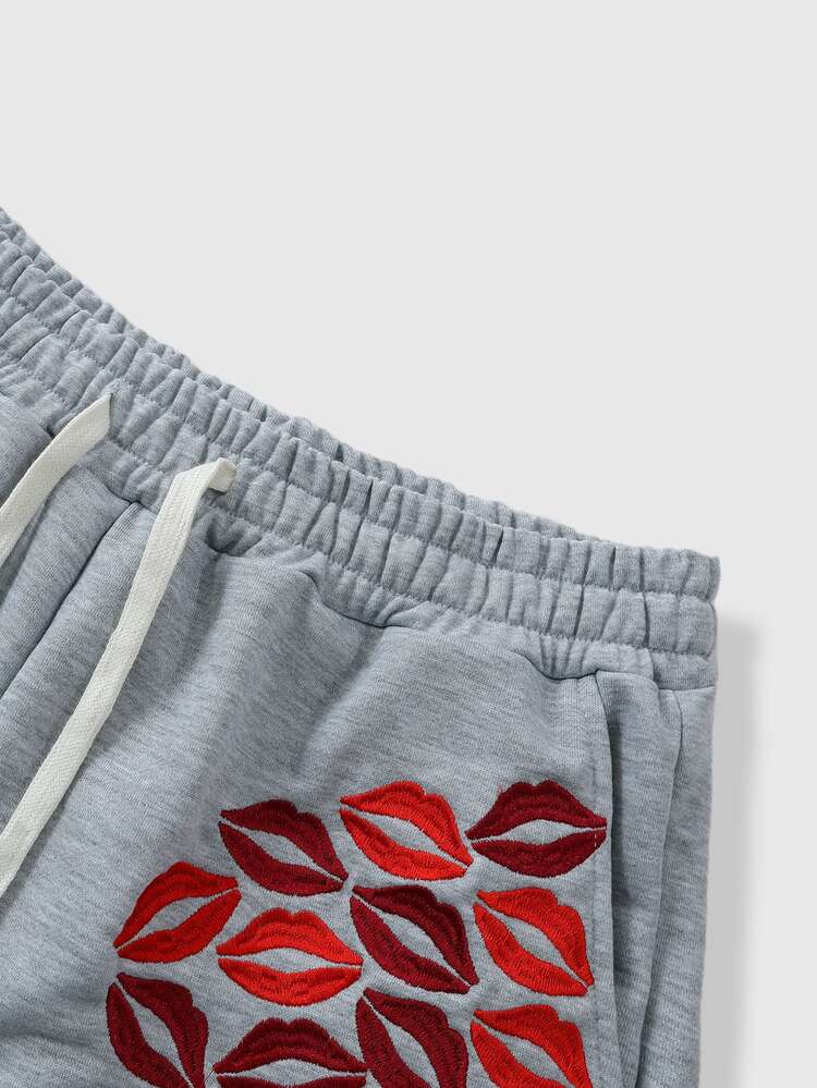 ROMWE MEN Men's Lip Embroidery Long Sleeve Drawstring Hoodie And Sweatpants Casual Set - Grey - View 3