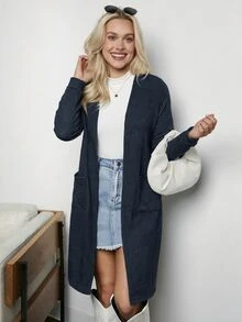 SHEIN LUNE Abrigo casual con bolsillo frontal abierto y parche en otoño/invierno - Negro - Ver 6