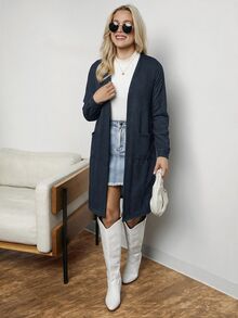 SHEIN LUNE Abrigo casual con bolsillo frontal abierto y parche en otoño/invierno - Negro - Ver 7