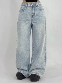 SHEIN 兒童青少年女孩休閒日常牛仔褲，附口袋與鈕扣設計 - 淺色水洗藍 - 查看 4