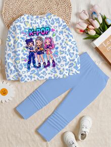 Young Girl Casual Cute Cartoon Girl Group Print Sweatshirt And Leggings 2 Pieces Set Autumn Kids - Multicolor - View 2