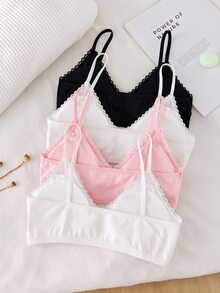 SHEIN 4件組基礎配色極簡純色可拆式胸墊細肩帶內衣，棉質蕾絲V領胸罩，適合青少年女孩秋冬穿著 - 彩色 - 查看 3