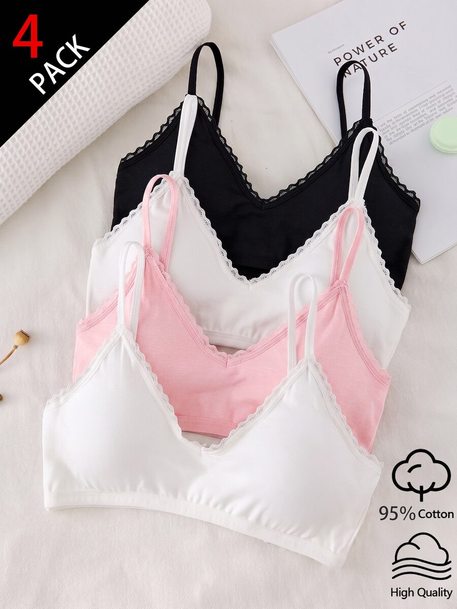 SHEIN 4件組基礎配色極簡純色可拆式胸墊細肩帶內衣，棉質蕾絲V領胸罩，適合青少年女孩秋冬穿著