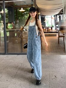 SHEIN 青少年女孩藍色牛仔寬鬆版型錐腳吊帶褲 2026秋冬款 可愛Y2K百搭 萬聖節新年穿搭 - 藍色 - 查看 2