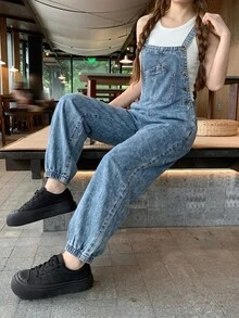 SHEIN 青少年女孩藍色牛仔寬鬆版型錐腳吊帶褲 2026秋冬款 可愛Y2K百搭 萬聖節新年穿搭 - 藍色 - 查看 4