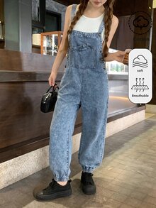 SHEIN 青少年女孩藍色牛仔寬鬆版型錐腳吊帶褲 2026秋冬款 可愛Y2K百搭 萬聖節新年穿搭 - 藍色 - 查看 1