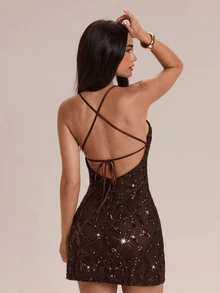 Glamine Women's Coffee Brown Short Dress, Sequin Embroidered Charming Dress, Party, Cocktail, Graduation, Date Dress - Coffee Brown - View 1