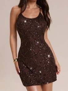 Glamine Women's Coffee Brown Short Dress, Sequin Embroidered Charming Dress, Party, Cocktail, Graduation, Date Dress - Coffee Brown - View 7