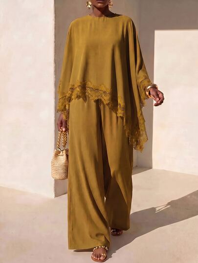 Zivah Women's Mustard Yellow Lace Kaftan Top And Wide Leg Pants 2pcs/Holiday/Lace/Vacation/Elegant/Party/Festival/Concert/Wedding Guest/Going Out/Boho