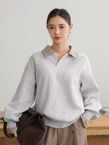 Dazy-Less Women's Gray Hooded Drawstring Long Sleeve Loose Solid Color Front Pocket Casual Pullover Sweatshirt, Autumn/Winter Hoodies - Grey - View 4
