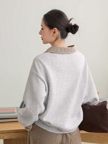 Dazy-Less Women's Gray Hooded Drawstring Long Sleeve Loose Solid Color Front Pocket Casual Pullover Sweatshirt, Autumn/Winter Hoodies - Grey - View 2