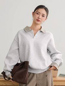 Dazy-Less Women's Gray Hooded Drawstring Long Sleeve Loose Solid Color Front Pocket Casual Pullover Sweatshirt, Autumn/Winter Hoodies - Grey - View 1