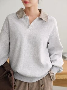 Dazy-Less Women's Gray Hooded Drawstring Long Sleeve Loose Solid Color Front Pocket Casual Pullover Sweatshirt, Autumn/Winter Hoodies - Grey - View 5