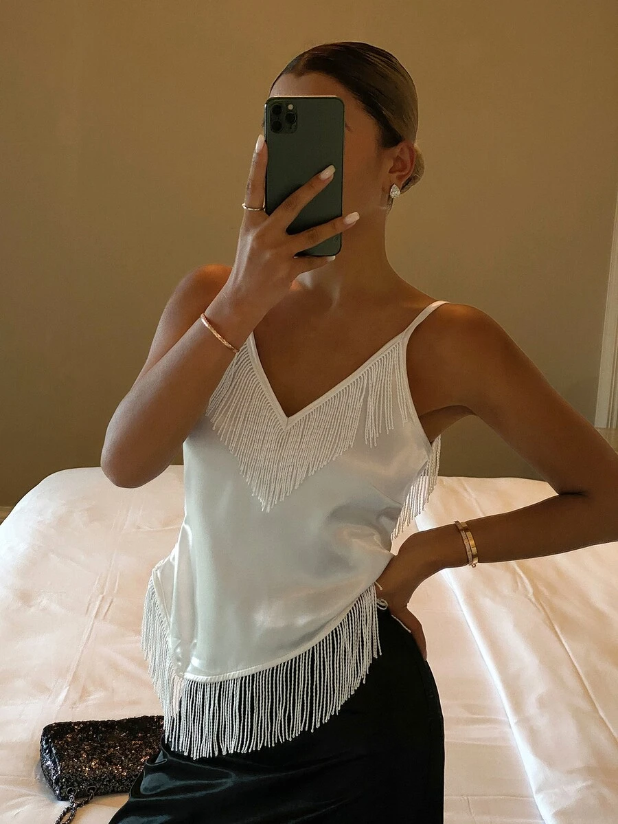 Livesso Women's Solid Color Tassel Design Fashion Camisole - White - View 1