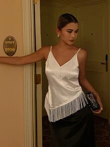 Livesso Women's Solid Color Tassel Design Fashion Camisole - White - View 5