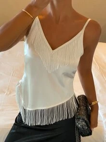 Livesso Women's Solid Color Tassel Design Fashion Camisole - White - View 3
