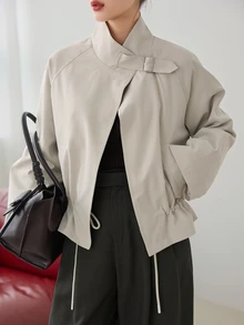 Dazy-Less Women's Regular Fit Casual Short Jacket, Apricot, Lapel Collar, Zipper, Long Sleeve, Slim Fit, Pocket Decor, Autumn/Winter - Apricot - View 6