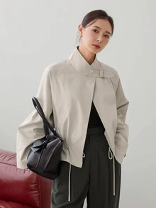 Dazy-Less Women's Regular Fit Casual Short Jacket, Apricot, Lapel Collar, Zipper, Long Sleeve, Slim Fit, Pocket Decor, Autumn/Winter - Apricot - View 1