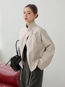 Dazy-Less Women's Regular Fit Casual Short Jacket, Apricot, Lapel Collar, Zipper, Long Sleeve, Slim Fit, Pocket Decor, Autumn/Winter - Apricot - View 4