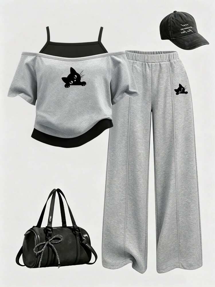 Girls' Fashion Creative Black Cat Print 2 In 1 Off-Shoulder Spaghetti Strap Short Sleeve T-Shirt And Sweatpants Set - Multicolor - View 1
