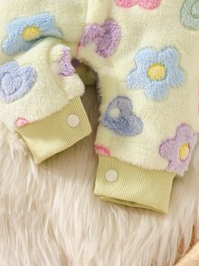 SHEIN Newborn Baby Girl Fall Winter Fluffy Fleece Romper, Colorful Floral Print Snap Front Long Sleeve Warm Baby Jumpsuit - Multicolor - View 6