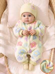 SHEIN Newborn Baby Girl Fall Winter Fluffy Fleece Romper, Colorful Floral Print Snap Front Long Sleeve Warm Baby Jumpsuit - Multicolor - View 1