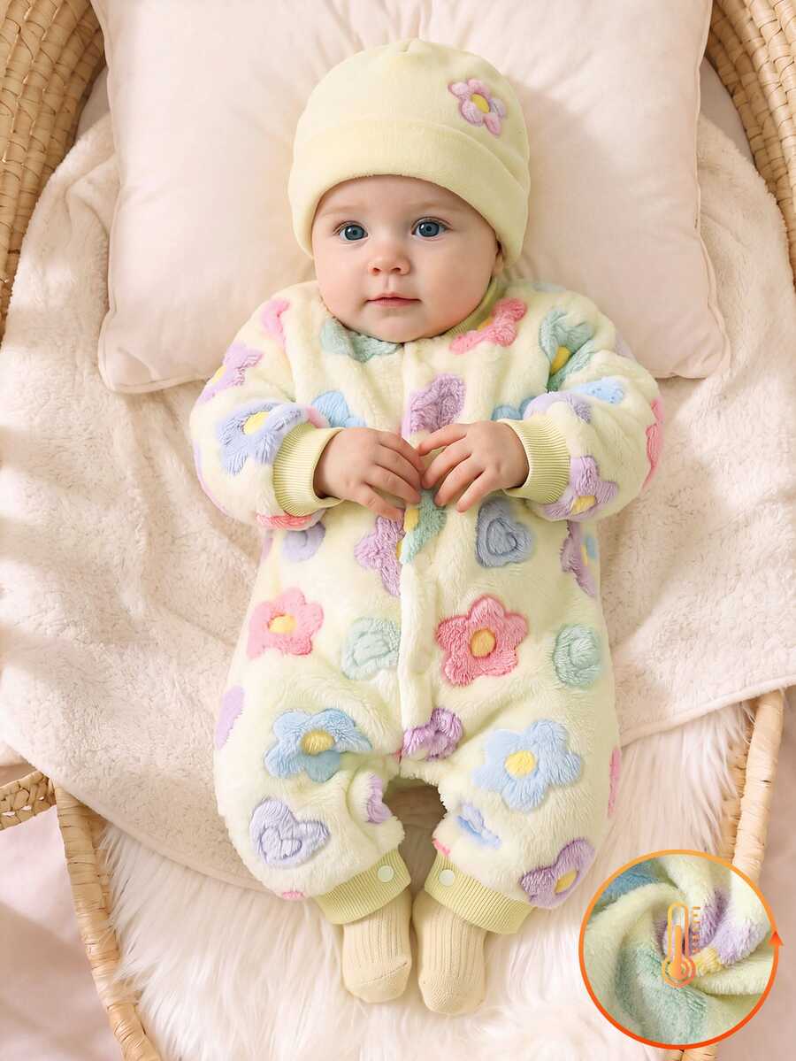 SHEIN Newborn Baby Girl Fall Winter Fluffy Fleece Romper, Colorful Floral Print Snap Front Long Sleeve Warm Baby Jumpsuit - Multicolor - View 1