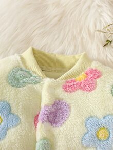 SHEIN Newborn Baby Girl Fall Winter Fluffy Fleece Romper, Colorful Floral Print Snap Front Long Sleeve Warm Baby Jumpsuit - Multicolor - View 7