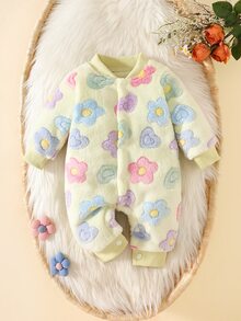 SHEIN Newborn Baby Girl Fall Winter Fluffy Fleece Romper, Colorful Floral Print Snap Front Long Sleeve Warm Baby Jumpsuit - Multicolor - View 2