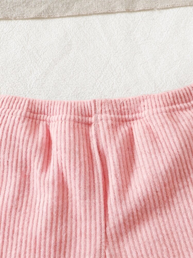SHEIN Set 2pcs Kaos Kasual Musim Gugur/Musim Dingin untuk Bayi Perempuan (Perempuan) Desain Pita Hitam di Depan, Pullover Asimetris, Leher Tinggi, Rajut Bergaris, Bahan Halus - Berwarna merah muda - View 9