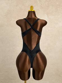 SHEIN Swim 1件女款素色扭結高領交叉露背一件式泳衣 - 黑色 - 查看 6