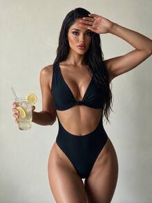 SHEIN Swim 1件女款素色扭結高領交叉露背一件式泳衣 - 黑色 - 查看 2