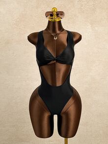 SHEIN Swim 1件女款素色扭結高領交叉露背一件式泳衣 - 黑色 - 查看 5