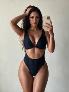 SHEIN Swim 1件女款素色扭結高領交叉露背一件式泳衣 - 黑色 - 查看 3