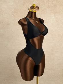 SHEIN Swim 1件女款素色扭結高領交叉露背一件式泳衣 - 黑色 - 查看 7