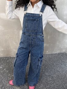 SHEIN Tween Girl Loose Denim Cargo Overalls With Pockets Fall Winter 2026 Cute Y2k Versatile Halloween New Year Kids - Blue - View 2