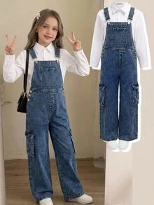 SHEIN Tween Girl Loose Denim Cargo Overalls With Pockets Fall Winter 2026 Cute Y2k Versatile Halloween New Year Kids - Blue - View 5