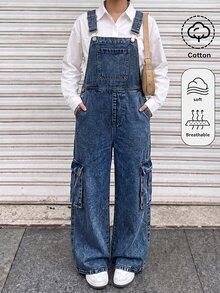 SHEIN Tween Girl Loose Denim Cargo Overalls With Pockets Fall Winter 2026 Cute Y2k Versatile Halloween New Year Kids - Blue - View 1