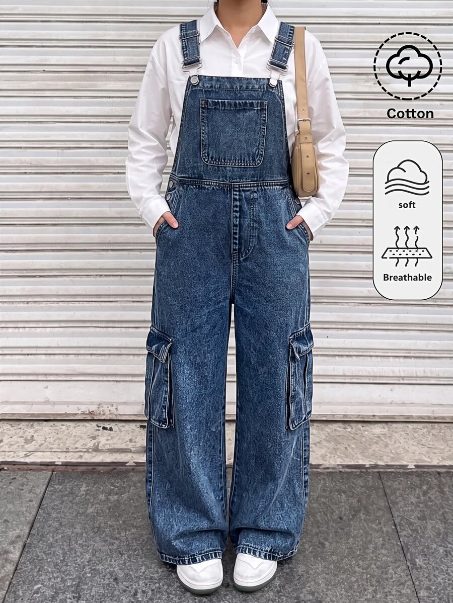 SHEIN Tween Girl Loose Denim Cargo Overalls With Pockets Fall Winter 2026 Cute Y2k Versatile Halloween New Year Kids - Blue - View 1