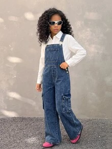 SHEIN Tween Girl Loose Denim Cargo Overalls With Pockets Fall Winter 2026 Cute Y2k Versatile Halloween New Year Kids - Blue - View 3