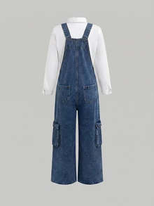 SHEIN Tween Girl Loose Denim Cargo Overalls With Pockets Fall Winter 2026 Cute Y2k Versatile Halloween New Year Kids - Blue - View 4
