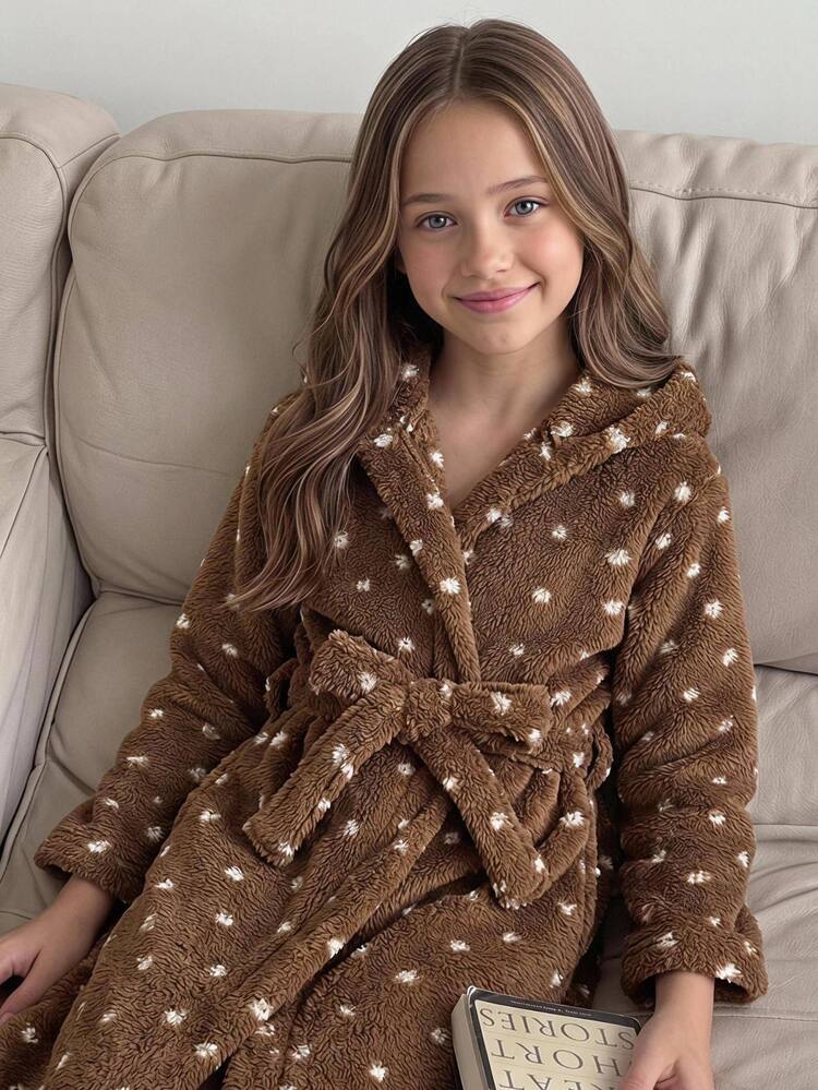 SHEIN Tween Girl Tween Girl Autumn/Winter Thermal Lined Thick Plush Floral Cute Loungewear Kids - Multicolor - View 7