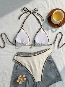 SHEIN SunnyBelle 女款夏季泳衣套裝，特殊面料，純色拼接，貝殼吊飾，掛脖設計，後背繫帶，露背，海灘時尚，度假穿搭，2件組 - 杏色 - 查看 2