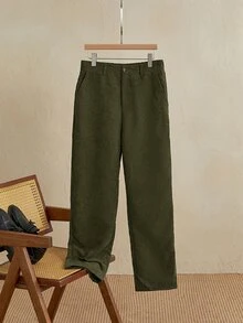 Manfinity RebelGame 男士直筒休閒通勤梭織長褲，附側邊口袋，適合萬聖節、聖誕節、冬季派對、秋季 - 軍綠色 - 查看 2